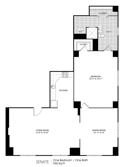 Floor plan for 1 bed, 1 bath, 935 sqft